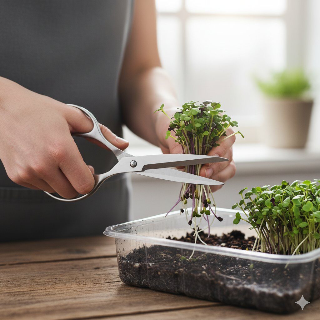 Hand harvesting microgreens with scissors at cotyledon stage